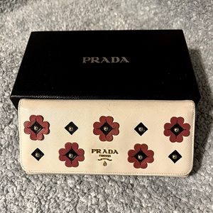Prada Flower Detail Embellished Long Bifold Wallet with Box